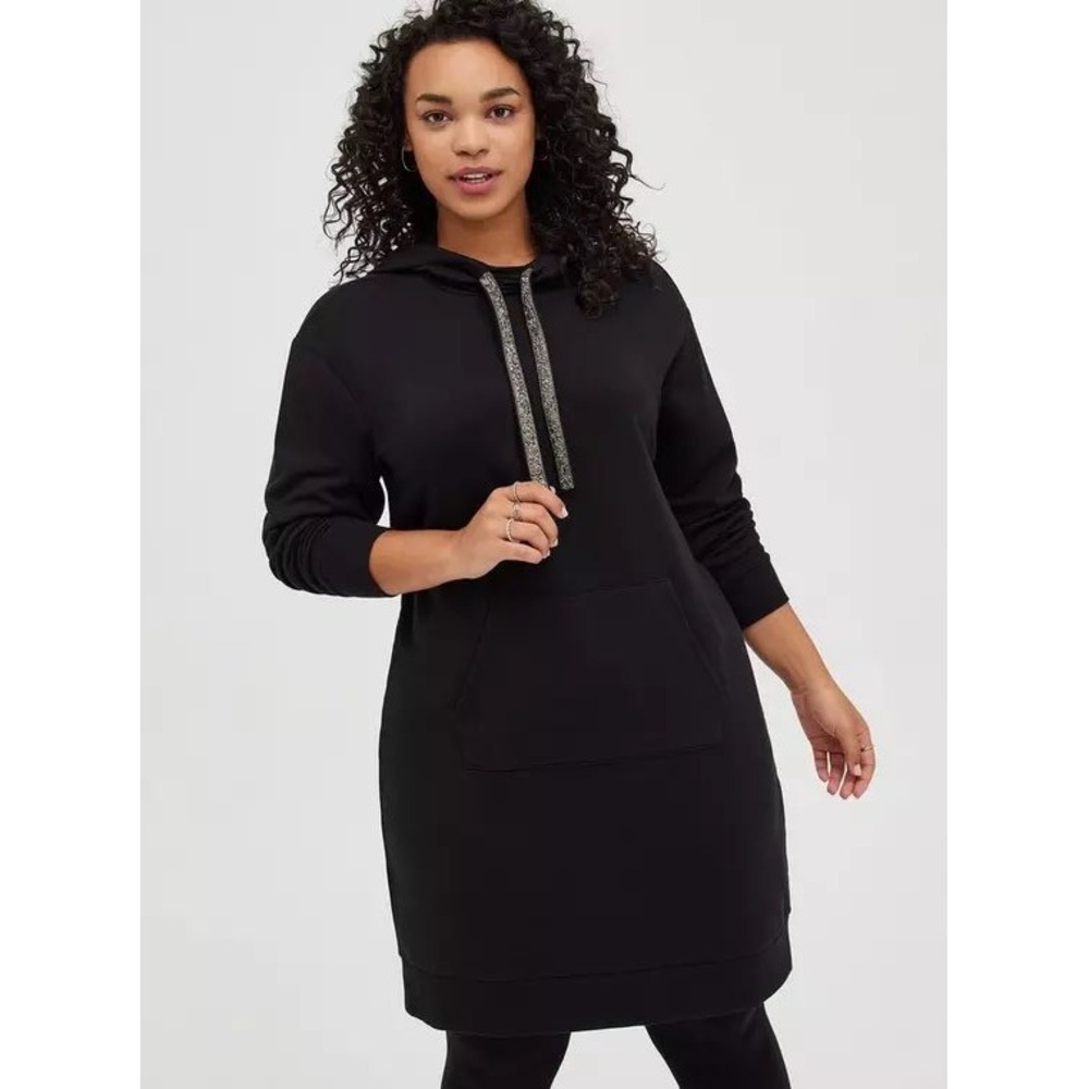 Torrid Mini Ultra Soft Fleece Hoodie Dress In Deep Black Bling Drawstring Sz 2X